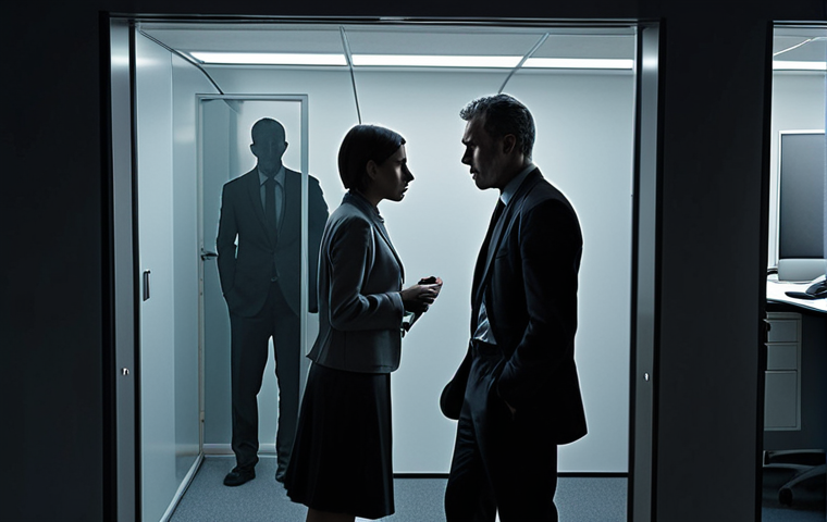 "A modern office environment subtly permeated by swirling, dark, translucent 'shadows' and abstract forms representing emotional baggage. Stressed or silently clashing professional figures inhabit the space, their interactions hinting at underlying personal conflicts that subtly pollute the atmosphere, making it tense and unproductive. Conceptual art, dark undertones, subtle lighting."