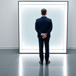 A professional individual, fully clothed in a modest business suit, standing calmly in a minimalist, reflective studio. The person is gazing into a large mirror that shows a subtle, almost ethereal inner projection of their introspective self, symbolizing a moment of deep self-discovery. The lighting is soft and diffused, creating a thoughtful and contemplative atmosphere. The scene evokes a sense of quiet courage and authenticity. Perfect anatomy, correct proportions, natural pose, well-formed hands, proper finger count. Professional photography, high quality, safe for work, appropriate content, fully clothed, professional.
