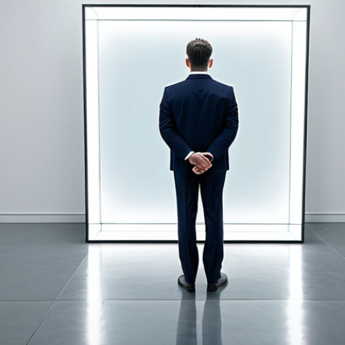 Home 8 A professional individual, fully clothed in a modest business suit, standing calmly in a minimalist, reflective studio. The person is gazing into a large mirror that shows a subtle, almost ethereal inner projection of their introspective self, symbolizing a moment of deep self-discovery. The lighting is soft and diffused, creating a thoughtful and contemplative atmosphere. The scene evokes a sense of quiet courage and authenticity. Perfect anatomy, correct proportions, natural pose, well-formed hands, proper finger count. Professional photography, high quality, safe for work, appropriate content, fully clothed, professional.