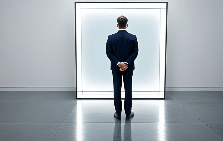 A professional individual, fully clothed in a modest business suit, standing calmly in a minimalist, reflective studio. The person is gazing into a large mirror that shows a subtle, almost ethereal inner projection of their introspective self, symbolizing a moment of deep self-discovery. The lighting is soft and diffused, creating a thoughtful and contemplative atmosphere. The scene evokes a sense of quiet courage and authenticity. Perfect anatomy, correct proportions, natural pose, well-formed hands, proper finger count. Professional photography, high quality, safe for work, appropriate content, fully clothed, professional.