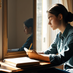 Home 9 Self-Reflection**
A woman in modest clothing sits in a quiet, sunlit room, journaling. Books are stacked neatly nearby. The atmosphere is calm and introspective. Safe for work, appropriate content, fully clothed, professional, perfect anatomy, natural pose, high quality.
**