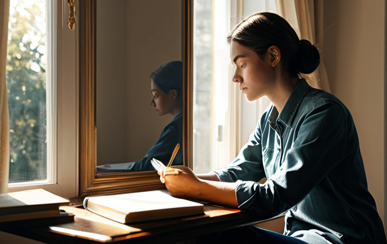 Self-Reflection**
A woman in modest clothing sits in a quiet, sunlit room, journaling. Books are stacked neatly nearby. The atmosphere is calm and introspective. Safe for work, appropriate content, fully clothed, professional, perfect anatomy, natural pose, high quality.
**